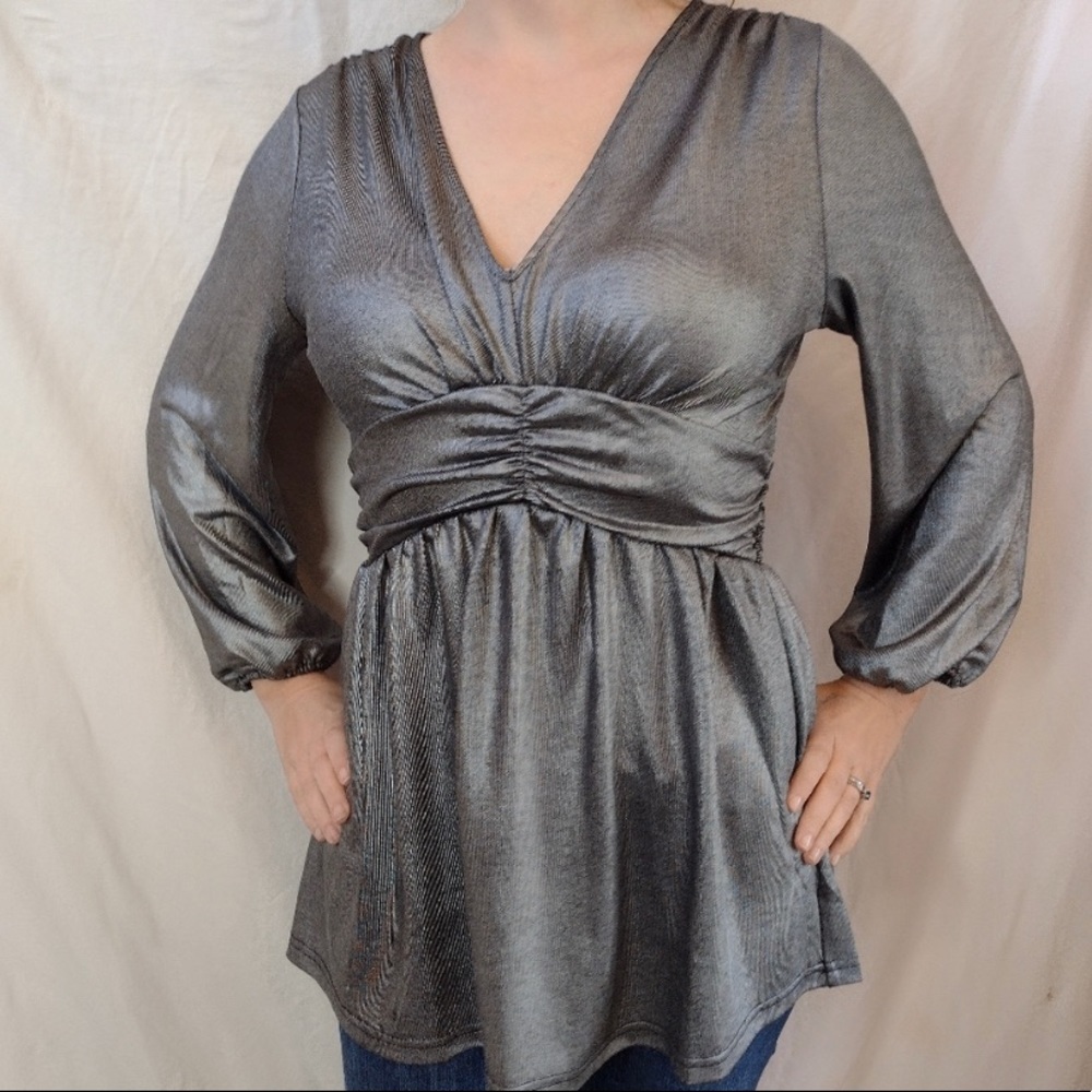 NEW Anthropologie Pleione babydoll gray silver metallic tunic top Large / L NWT